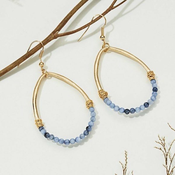 Jewelry - Blue Beaded Wire Hoop Gold Oval Boho Chic Earrings